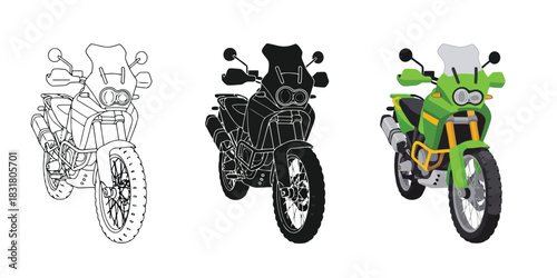 Three adventure touring motorcycle illustrations showing line art, silhouette, and full color versions
