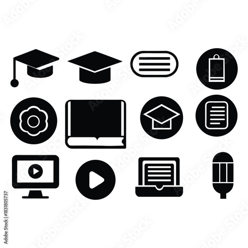 Online learning and certification icon set for education and business