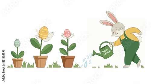 Cute bunny rabbit dressed as a gardener with a tiny hat and overalls holding a watering can