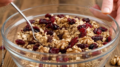 Bowl of granola with cranberries and walnuts on wooden table