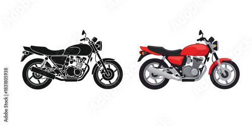 Two Classic style motorcycle illustrations, one black silhouette and one red colored vector graphic