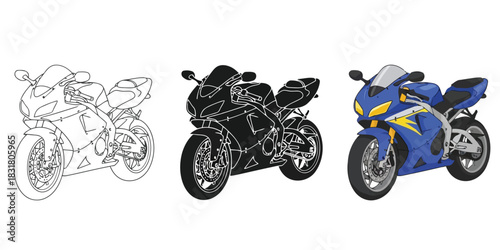 Three motorcycle illustrations showing outline, silhouette, and full color vector graphic of a blue sport bike