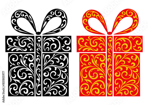 Logo de Navidad. Silueta de caja de regalo con lazo de cinta con florituras de adorno para tarjetas y felicitaciones de cumpleaños o Navidad