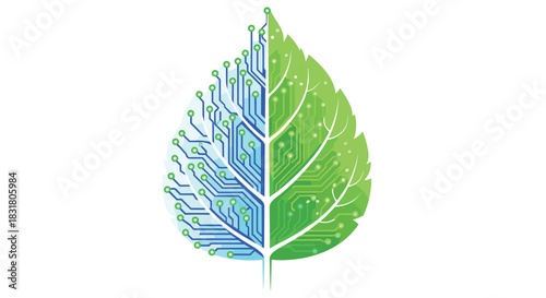 Digital Leaf Symbolizing Eco Technology and Nature, Generative AI.