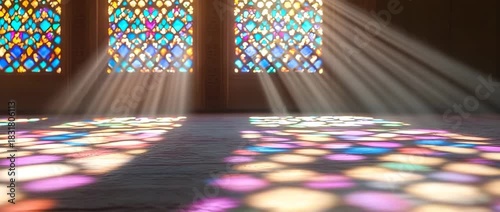 Sunlight beams stream through vibrant multicolored stained glass windows Volumetric light rays project colorful geometric patterns onto the dark floor of a sacred