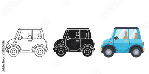 Three stylized small car icons showing outline, solid black silhouette, and light blue colored versions
