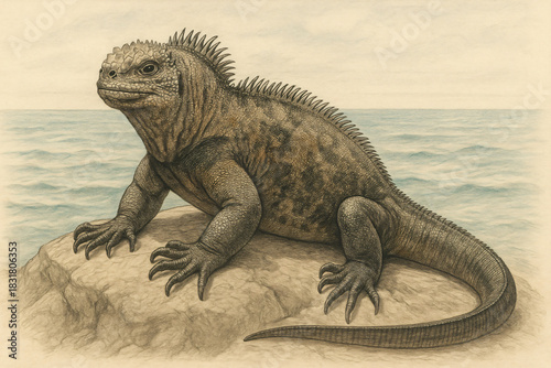 Detailed Drawing of Marine Iguana on Rock