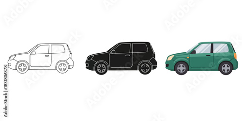Three compact car illustrations showing outline, solid black silhouette, and full color green side view