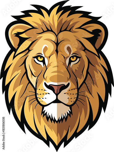 Majestic lion head with golden mane staring forward with piercing yellow eyes