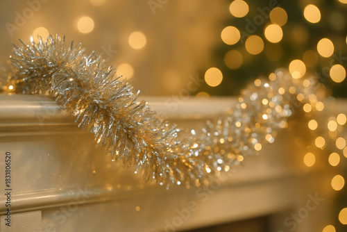 Silver Christmas Tinsel Garland with Blurry Lights
