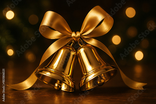 Golden Christmas Bells with Satin Ribbon and Warm Bokeh Lights