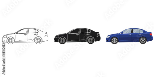 Three sedan car illustrations showing outline sketch, solid black silhouette, and detailed blue vector graphic