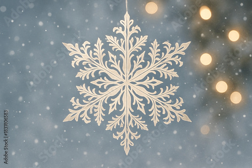 Snowflake Ornament with Snow and Bokeh Lights Background