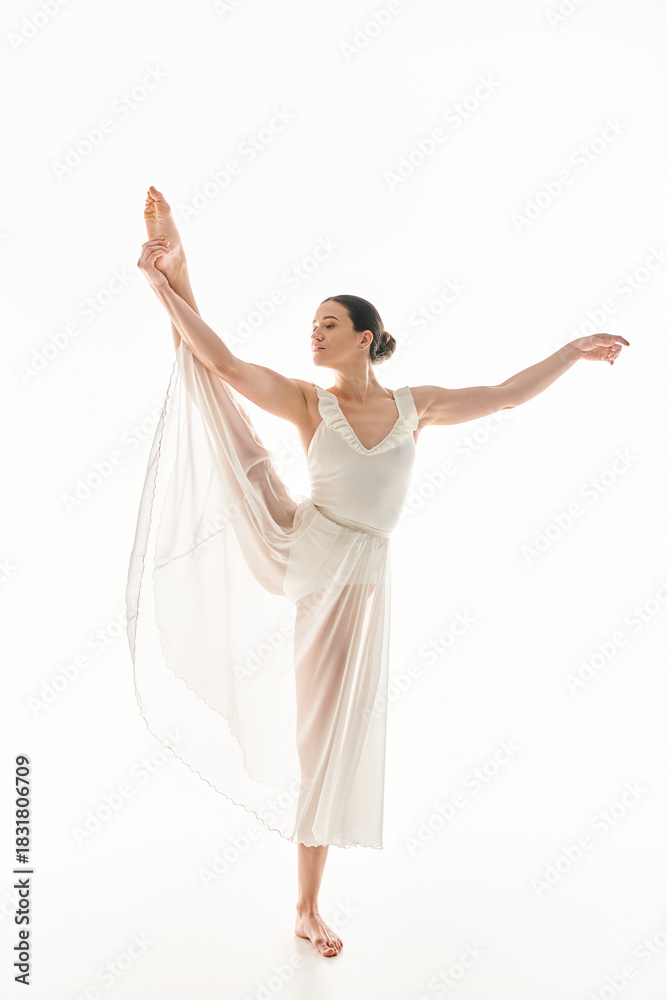 Naklejka premium Vividly acrobatic performance of a young dancer in flowing attire against a minimalist background