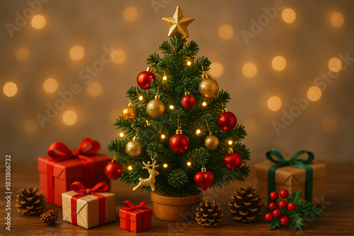 Miniature Christmas Tree with Gifts, Ornaments, and Bokeh Lights