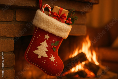 Christmas Stocking with Candy Canes, Gift, and Holly on Fireplace