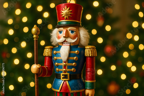 Nutcracker Christmas Decoration with Bokeh Lights Background