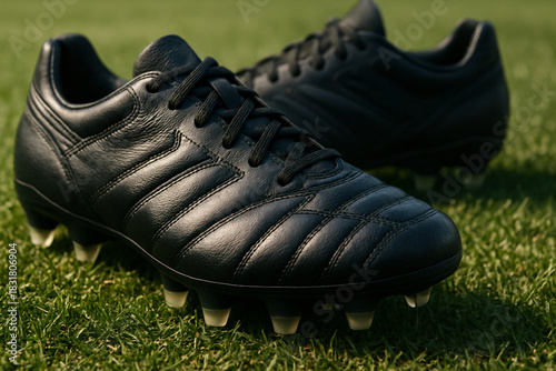 Black soccer cleats on grass field