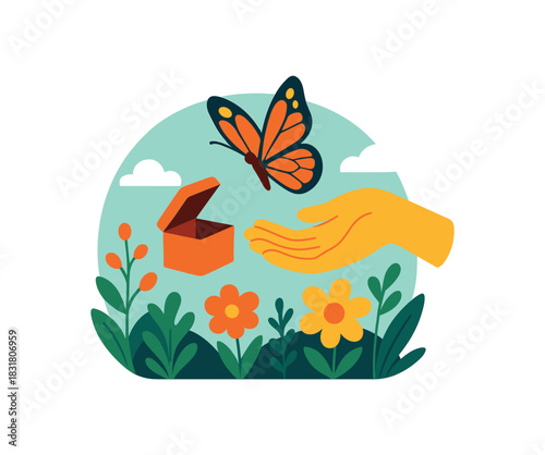 Flat vector illustration of bright hand releasing vivid butterfly from small box into flower garden rounded forms minimal details