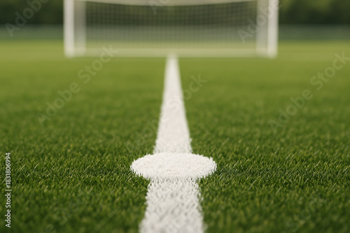 Penalty spot and white line on soccer field