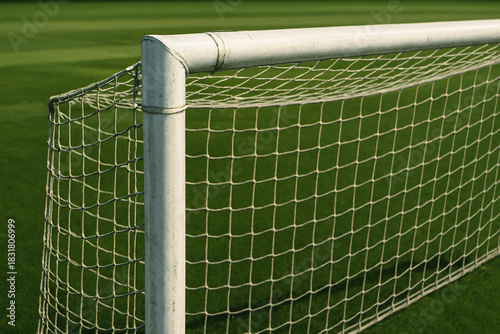 Empty soccer goal with net on green field