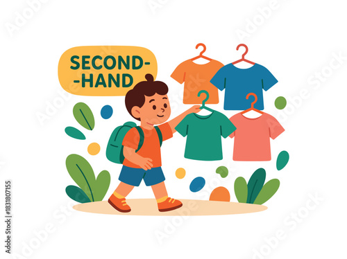 Flat vector illustration of colorful child choosing secondhand clothes with vivid hanger icons rounded shapes sustainable habit