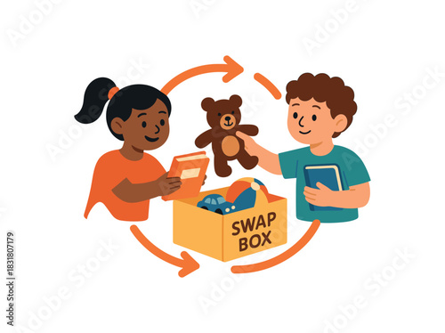 Flat vector illustration of bright kids sharing books and toys swap box bold arrows circle icon rounded shapes