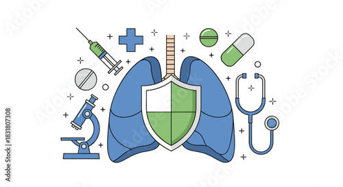 Modern vector graphic illustrating human lung health and robust respiratory system protection, with surrounding medical instruments and pharmaceutical elements.