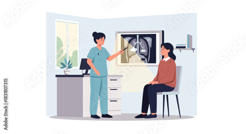 A dedicated female doctor in scrubs thoroughly explains an X-ray image to a seated patient during a consultation in a modern medical office.