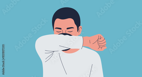 A man demonstrates proper cough and sneeze etiquette by covering his mouth with his elbow, promoting good hygiene and health.