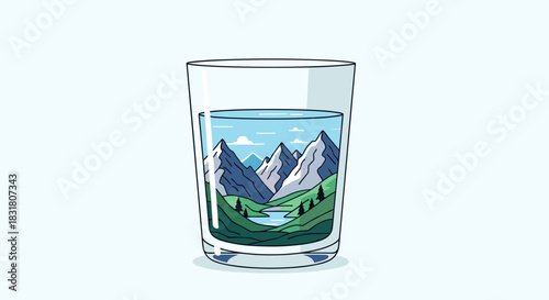 A clear glass of water beautifully illustrates a serene mountain landscape with a flowing river and lush trees, symbolizing environmental purity and the importance of nature.