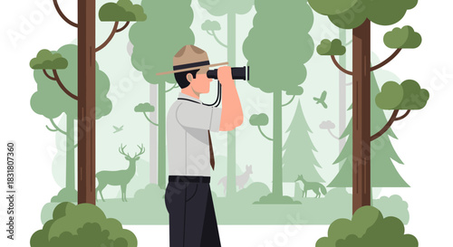 An adventurous man in a hat uses binoculars to observe diverse wildlife thriving within a vibrant, lush forest ecosystem, embodying nature exploration.