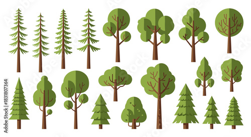 An extensive assortment of stylized flat design trees, featuring both broadleaf and needle-leaf varieties, ideal for contemporary nature-themed visuals.
