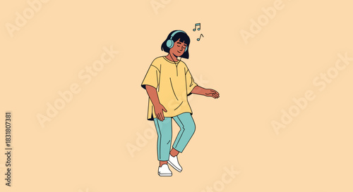 A joyful young individual finds pure freedom and happiness, dancing rhythmically to music through wireless headphones in a vibrant flat vector illustration.
