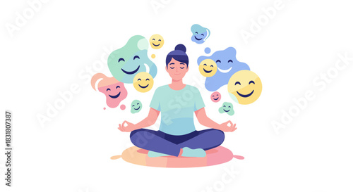 This illustration depicts a peaceful woman achieving emotional balance and mental clarity through meditation, surrounded by various expressive emojis.