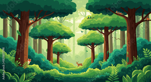 This vibrant vector illustration depicts a serene, lush green forest teeming with tall trees, dense foliage, and diverse wildlife, creating a tranquil natural world.