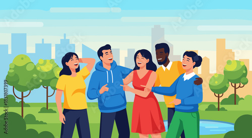 A diverse group of happy young friends enjoys a joyful outdoor gathering in a vibrant city park, sharing laughter and positive social connection.