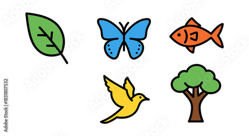 A vibrant collection of minimal nature icons featuring a leaf, butterfly, fish, bird, and tree, perfect for environmental themes and digital design projects.