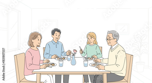 A modern flat design illustration depicts a multi-generational family enjoying a pleasant dinner together at home, fostering connection and warmth.