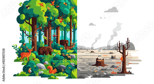 A striking visual contrast between a vibrant, thriving forest ecosystem and a desolate, polluted landscape devastated by deforestation.