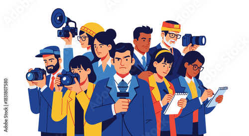 A diverse group of journalists, photographers, and media professionals stands united, symbolizing the modern landscape of global news and communication efforts.