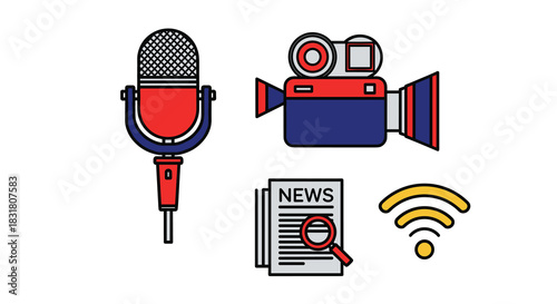 A collection of colorful flat design icons representing various aspects of media, news, broadcasting, and communication technology.