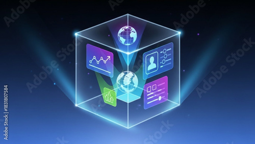 Digital transformation cube with global data analytics and business intelligence concept design idea
