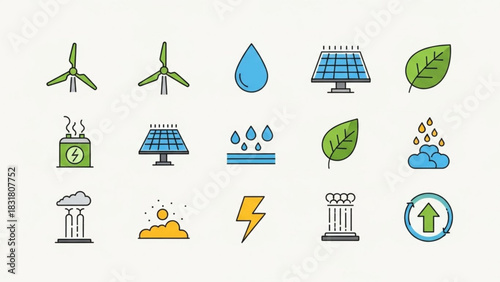 Clean energy vector icon set renewable energy sources wind solar power water energy electricity green energy icons