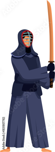 Kendo fighter is practicing martial art with shinai, a bamboo sword used for training