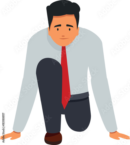 Businessman crouching down in starting position, preparing for new business venture