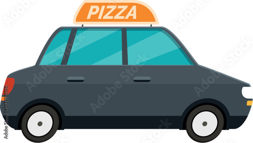 Side view of a gray pizza delivery car delivering hot fresh pizza