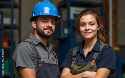 Portrait of male and female welder standing together. High quality