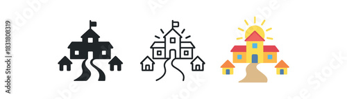 morning school icons three small house path and school building silhouettes with sun one flat solid monochrome one thin black outline black and white one full color flat icon bright school