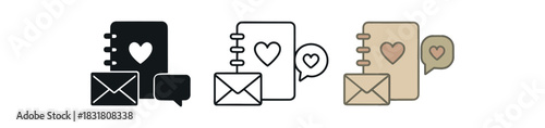 parent teacher communication icons three envelope notebook and chat bubble silhouettes with tiny heart one flat solid monochrome one thin black outline black and white one full color flat